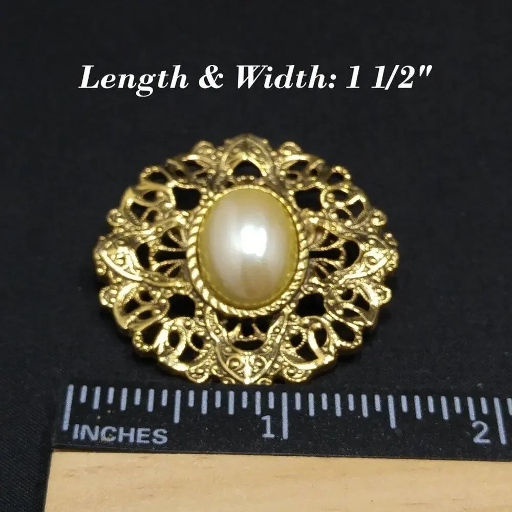 Vintage 1928 Faux Pearl Brooch, Gold Tone Filigree Patterned Back, 1990s, 1 1/2